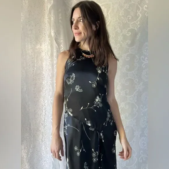 Vintage 90s Black Floral Butterfly High Neck Midi Dress - Picture 11 of 12